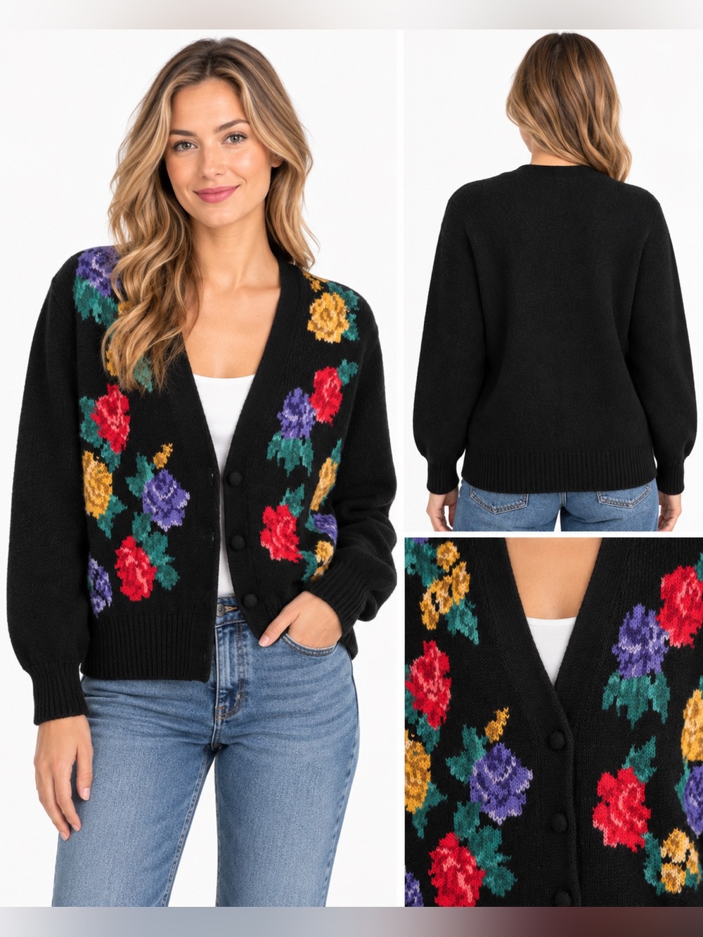 Size L JH Collectibles Vintage 100% Wool Floral Cardigan Sweater Black - Picture 2 of 6